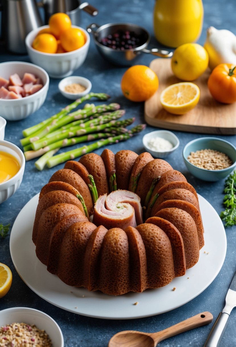 A breakfast bundt cake filled with ham and asparagus, surrounded by a spread of fresh ingredients and kitchen utensils