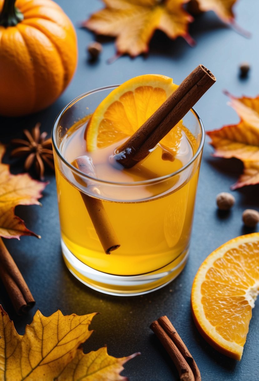 A glass filled with a golden liquid, garnished with a cinnamon stick and a slice of orange, surrounded by fall leaves and spices