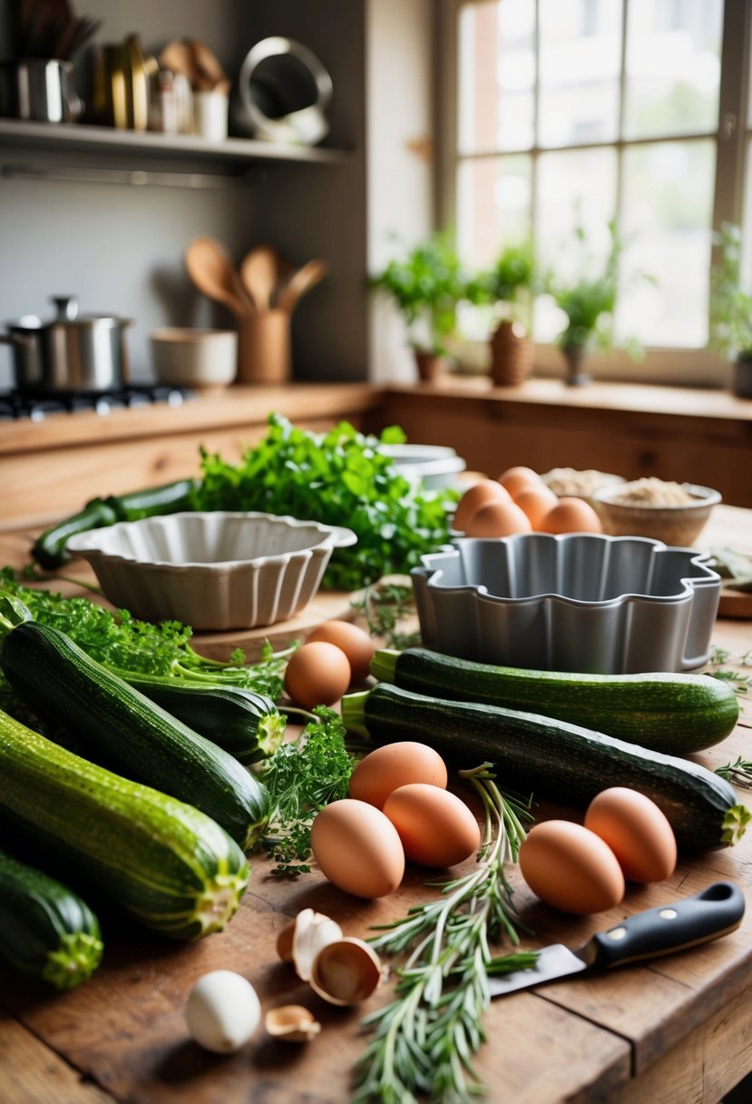 A rustic kitchen scene with fresh zucchinis, herbs, and eggs arranged on a wooden table, surrounded by baking utensils and a Bundt cake pan