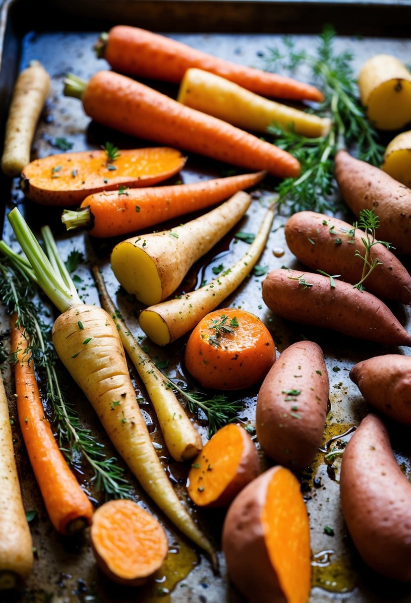 Assorted root vegetables (carrots, parsnips, sweet potatoes) roasting on a baking sheet, drizzled with maple syrup and sprinkled with herbs