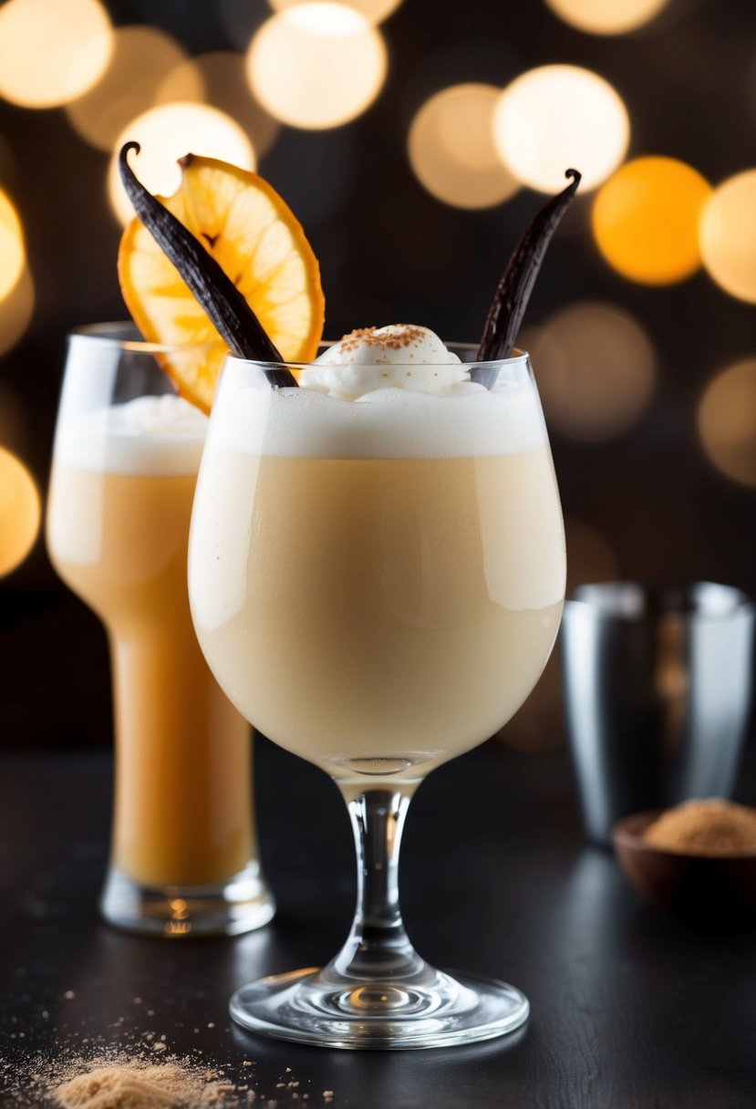 A tall glass filled with a creamy, frothy Vanilla Rum Sour cocktail, garnished with a slice of fresh vanilla bean and a sprinkle of nutmeg