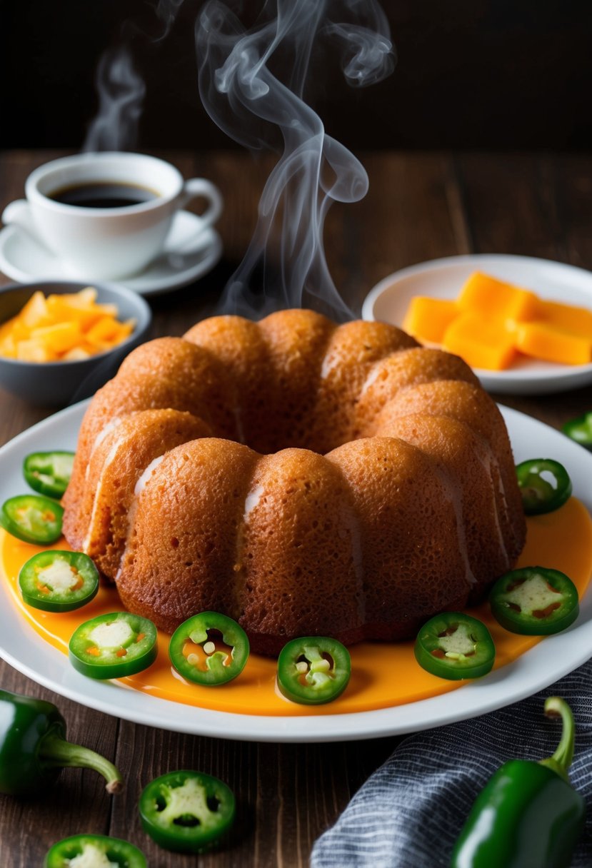 A bundt cake surrounded by Pepper Jack cheese and jalapeño rings, with steam rising from the warm, savory breakfast dish