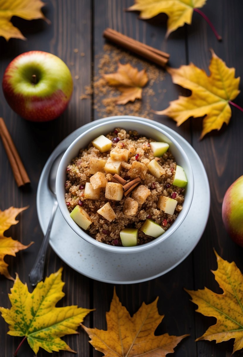 A wooden table with a bowl of apple cinnamon quinoa, surrounded by autumn leaves and a sprinkle of cinnamon