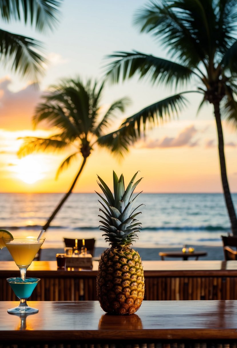 A tropical beach bar with a pineapple rum breeze cocktail on a wooden counter, surrounded by palm trees and a sunset over the ocean