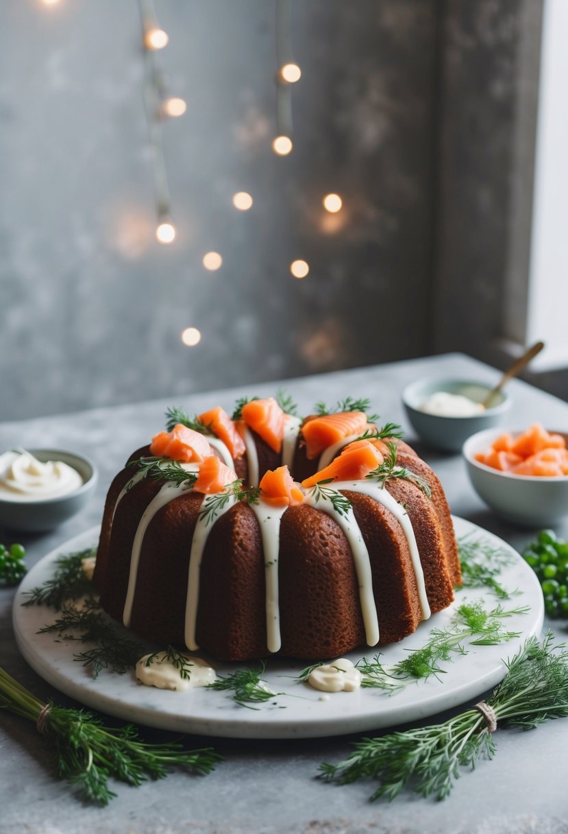 A bundt cake topped with smoked salmon and dill, surrounded by a spread of fresh herbs and a side of cream cheese