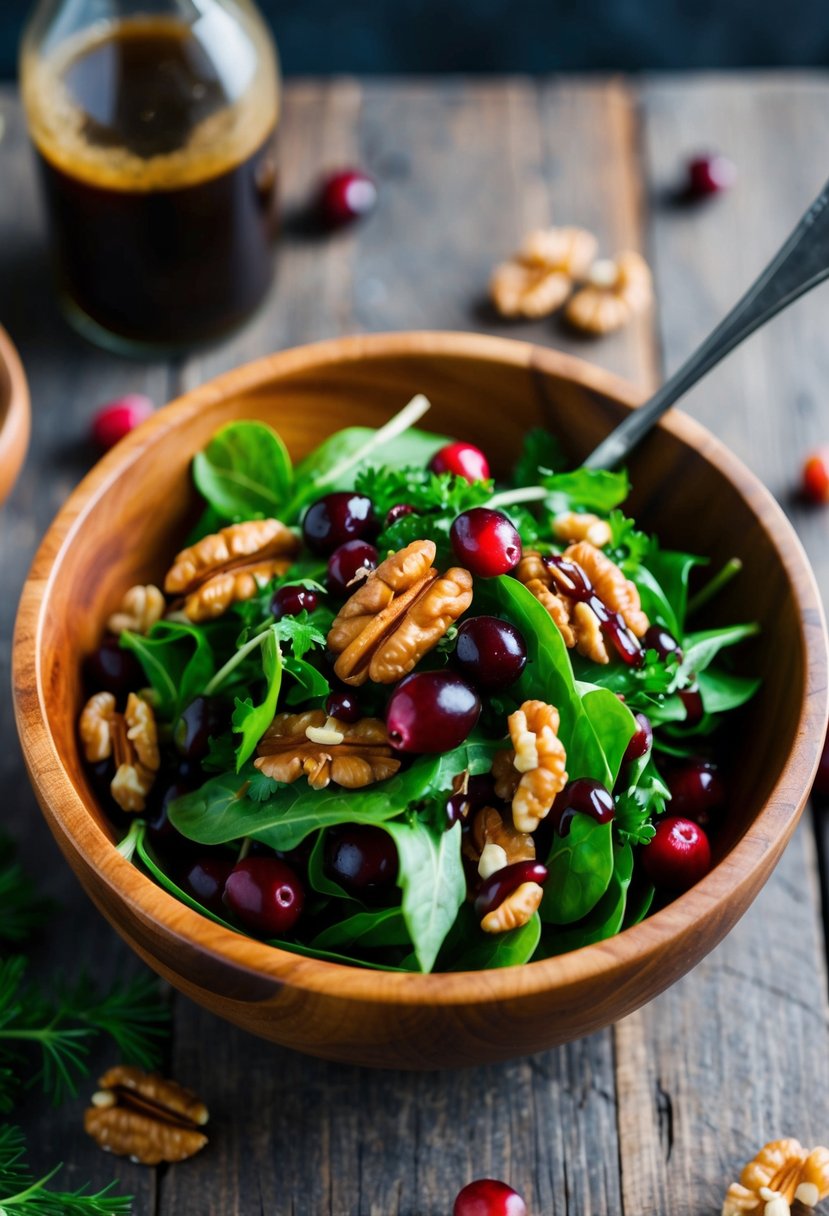 A wooden bowl filled with vibrant greens, cranberries, and walnuts, drizzled with a balsamic vinaigrette, sits on a rustic table