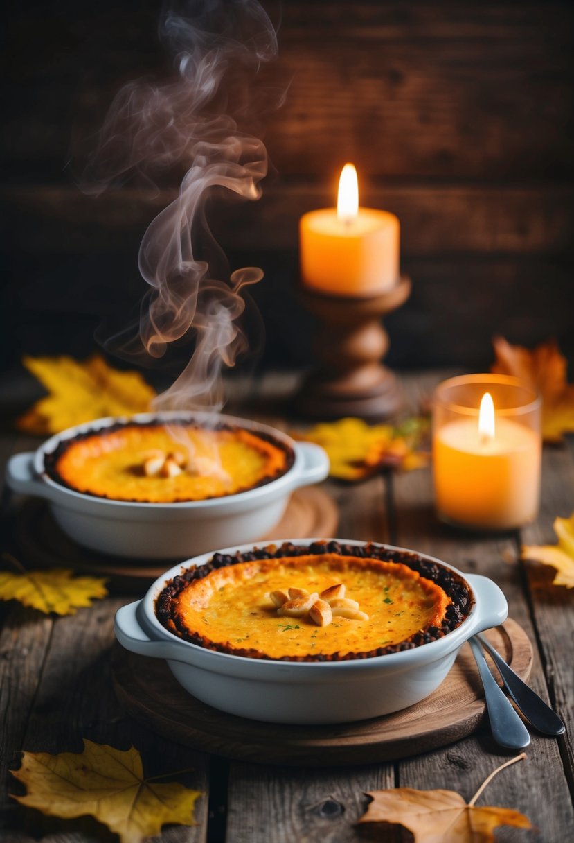 A steaming vegan shepherd's pie sits on a rustic wooden table, surrounded by autumn leaves and a warm candlelight