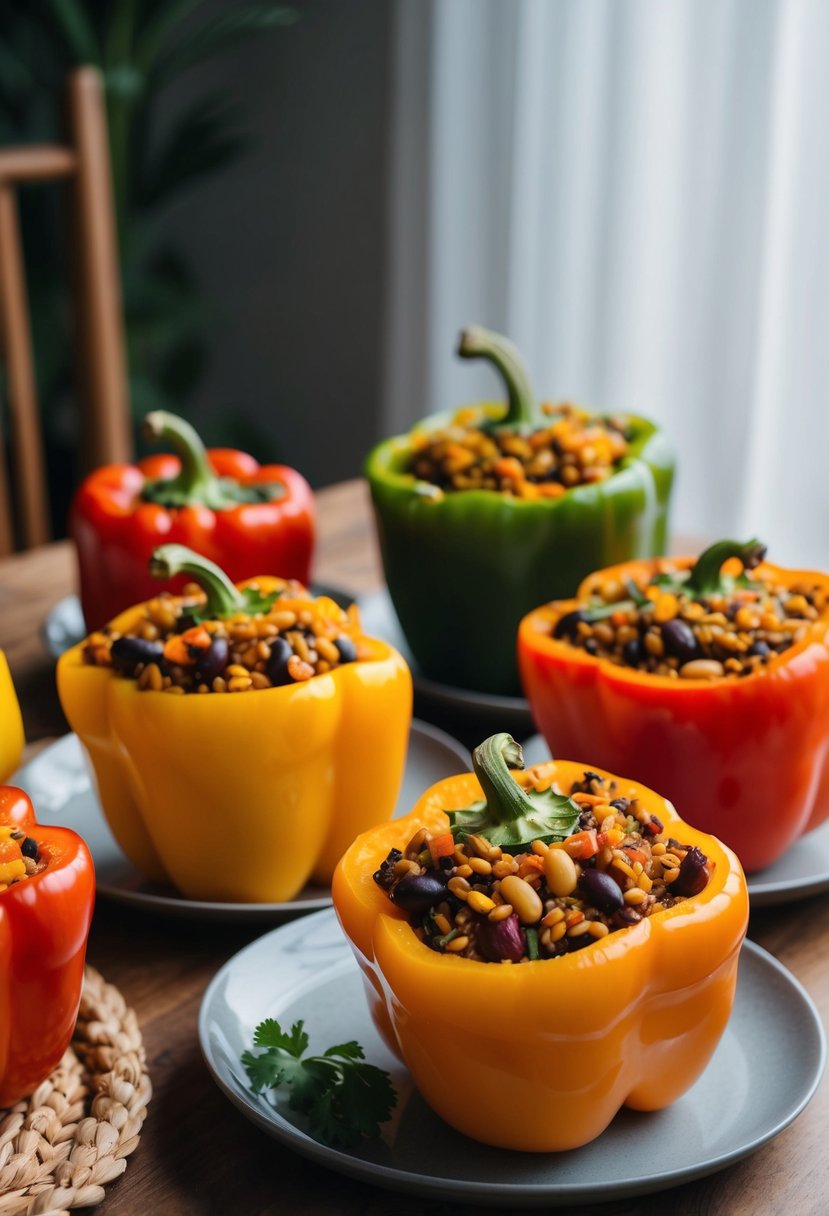 A table set with colorful bell peppers stuffed with a hearty harvest of grains, beans, and vegetables, ready to be baked for a vegan Mabon celebration