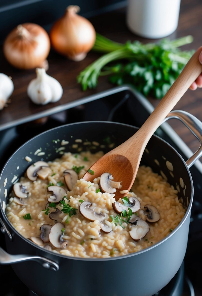 A wooden spoon stirring creamy mushroom risotto in a bubbling pot on a stovetop. Onions, garlic, and herbs scattered nearby