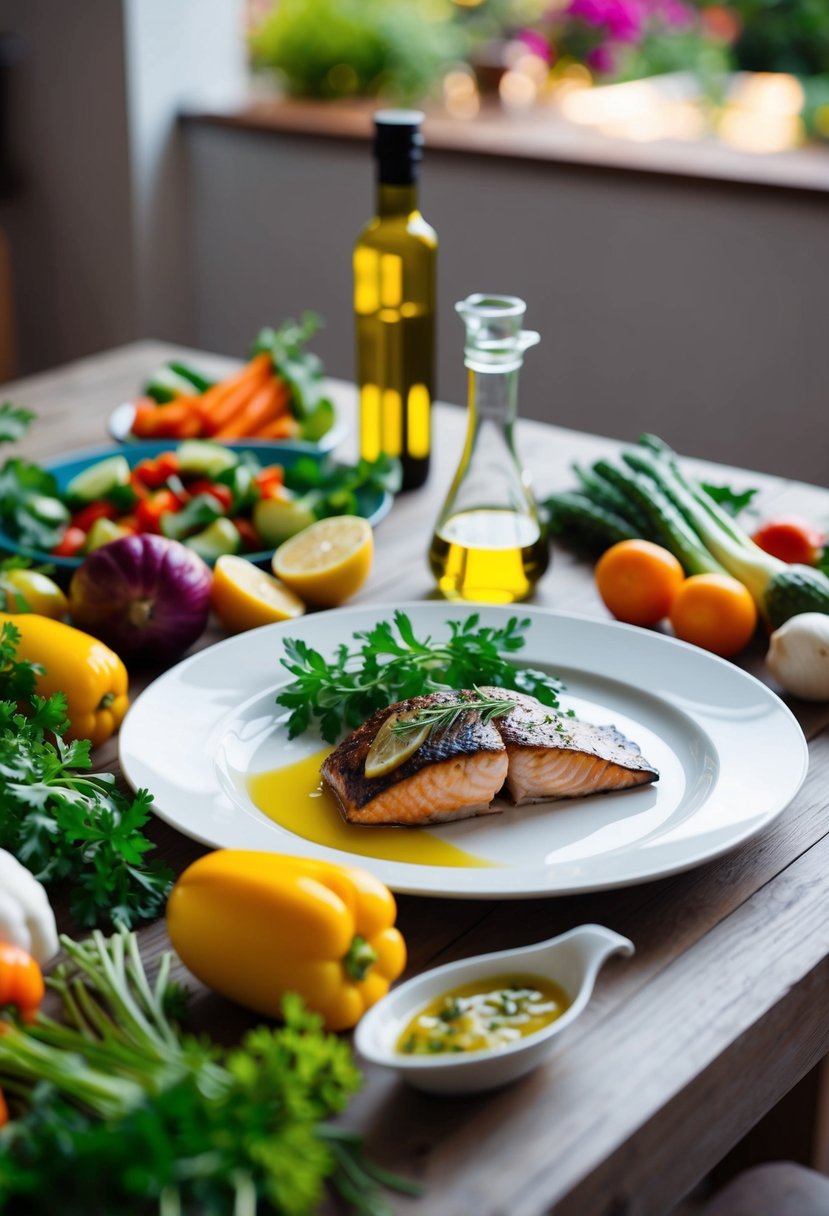 A table set with a colorful array of fresh vegetables, olive oil, herbs, and a single serving of grilled fish on a plate