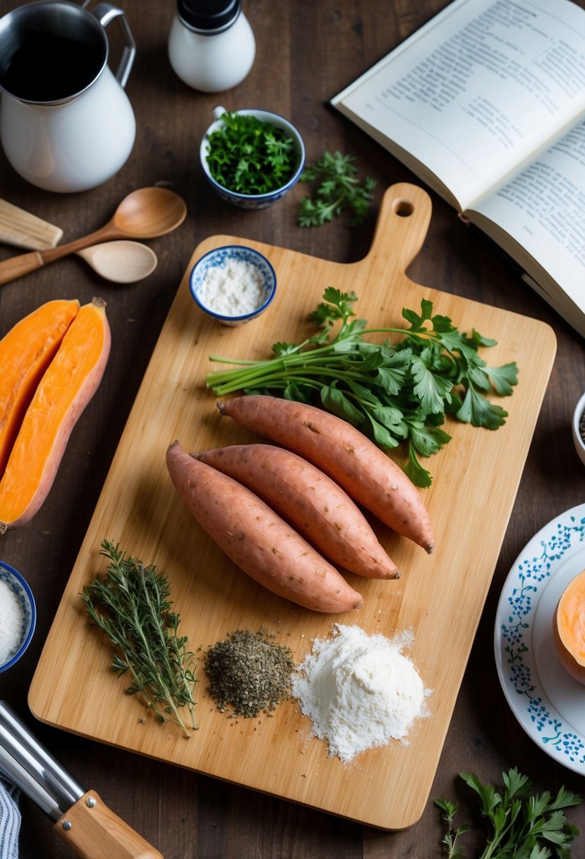 A wooden cutting board with sweet potatoes, flour, and herbs, surrounded by kitchen utensils and a recipe book