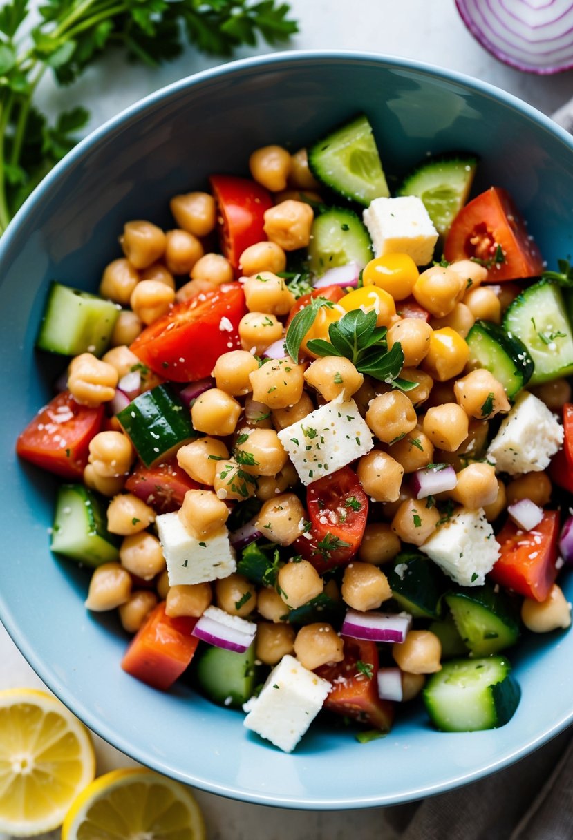 A colorful bowl filled with chickpeas, diced tomatoes, cucumbers, red onions, and feta cheese, drizzled with olive oil and sprinkled with oregano and lemon juice