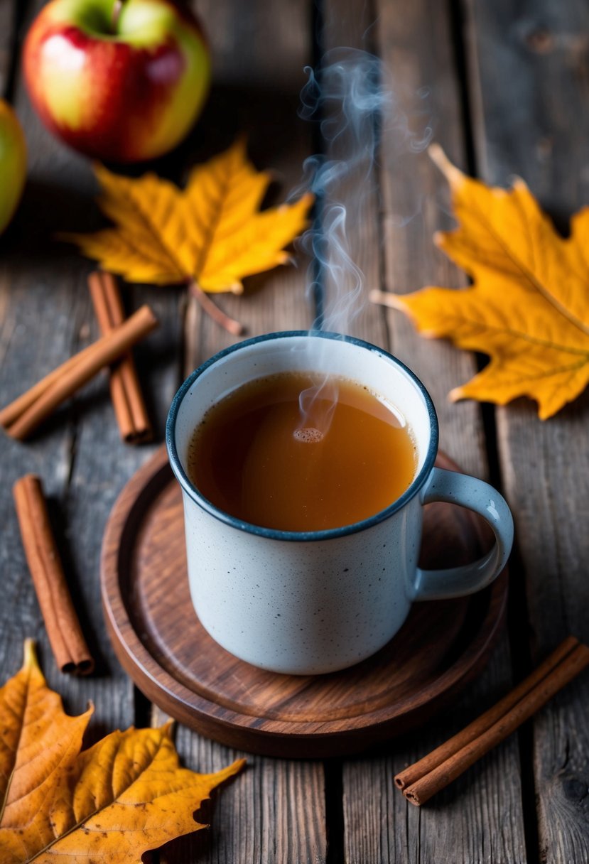 A rustic wooden table set with a steaming mug of spiced apple cider, surrounded by autumn leaves and cinnamon sticks