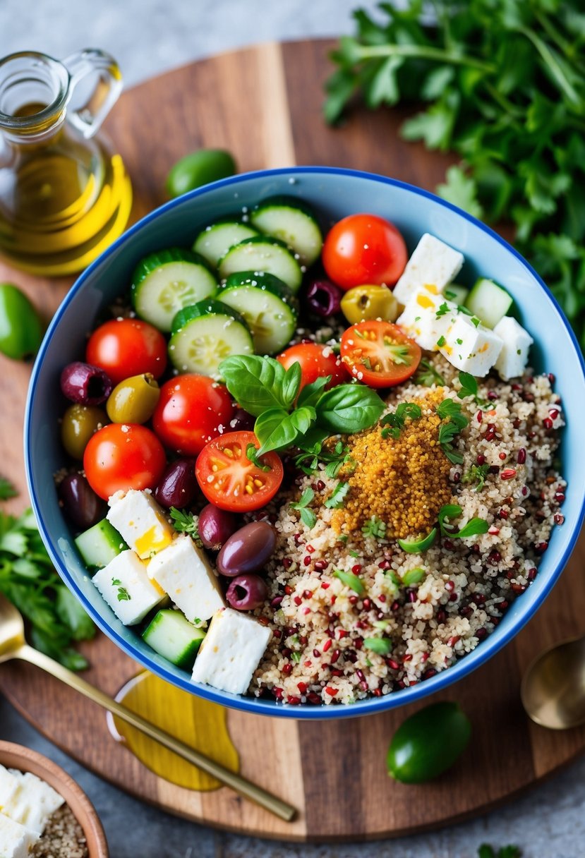 A colorful bowl filled with quinoa, cherry tomatoes, cucumbers, olives, feta cheese, and fresh herbs, surrounded by a drizzle of olive oil and a sprinkle of Mediterranean spices