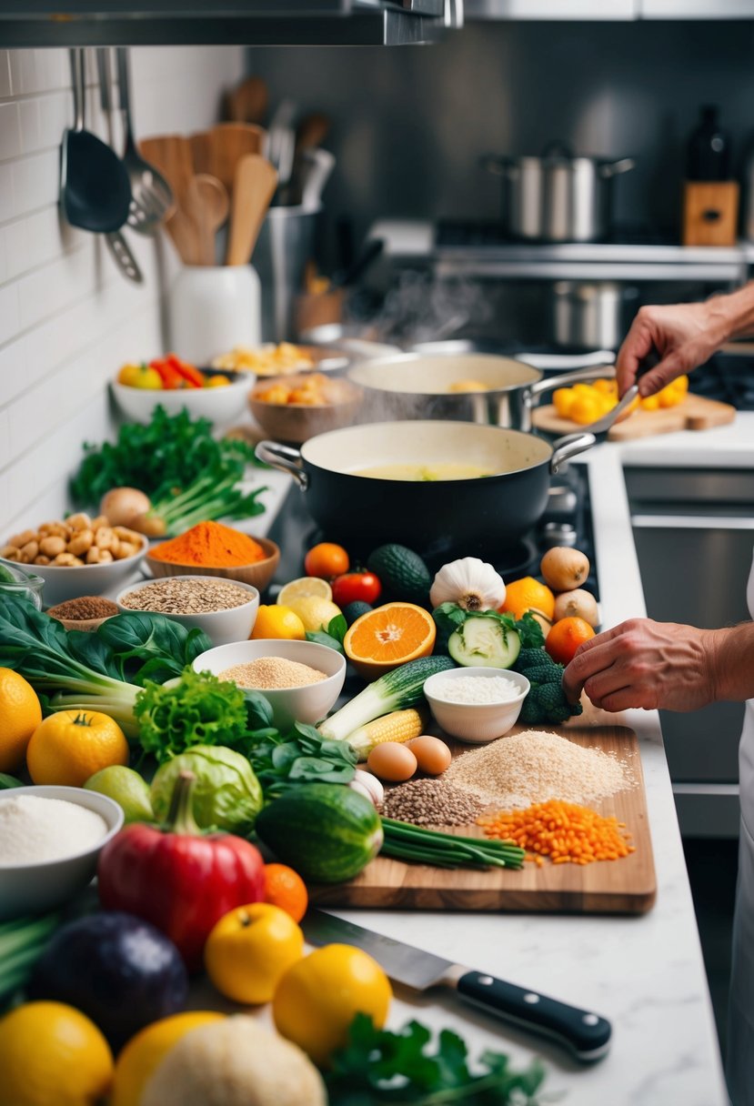 A bustling kitchen with a variety of fruits, vegetables, grains, and non-dairy ingredients spread out on the counter. A pot simmers on the stove, and a chef's knife and cutting board are ready for use