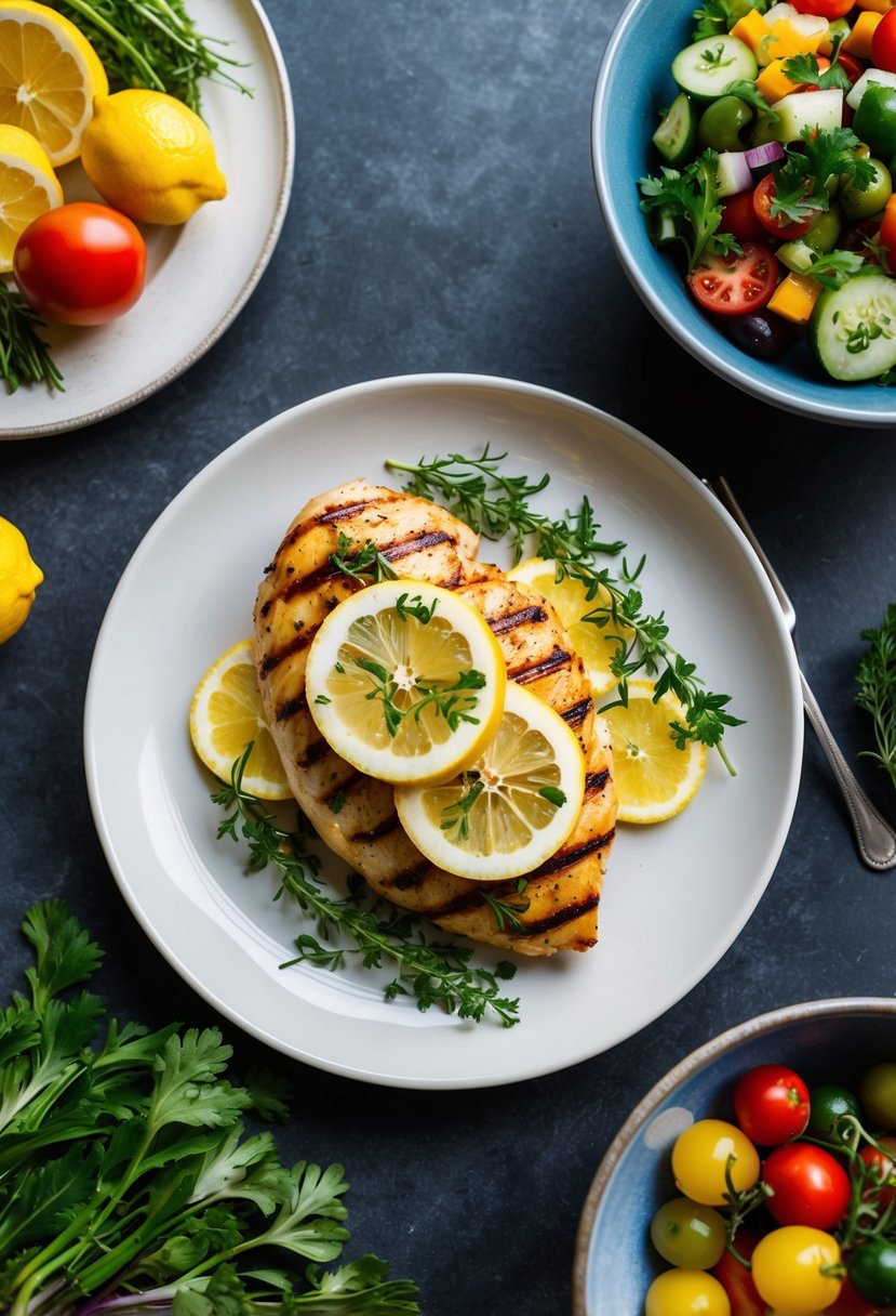 A plate with a grilled chicken breast topped with lemon slices and fresh herbs, accompanied by a colorful assortment of Mediterranean vegetables