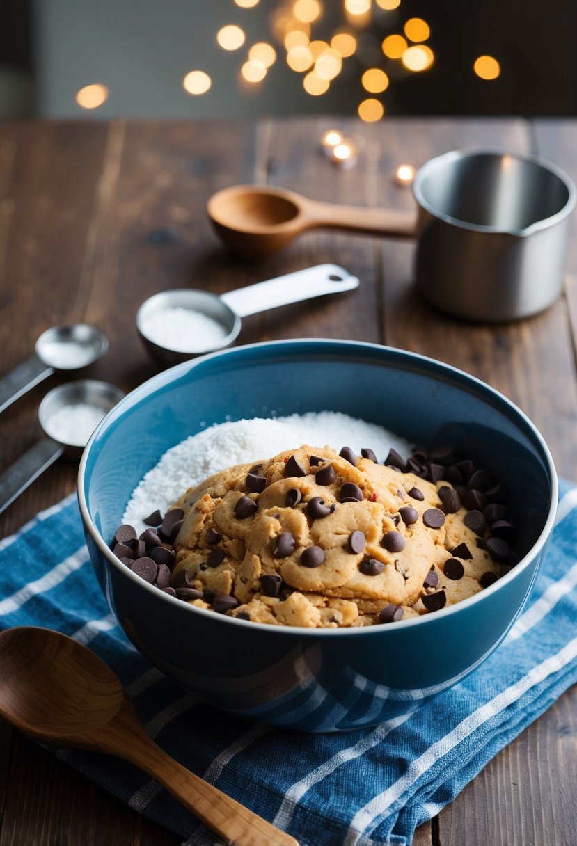 A mixing bowl filled with vegan chocolate chip cookie ingredients, surrounded by measuring spoons and a wooden spoon