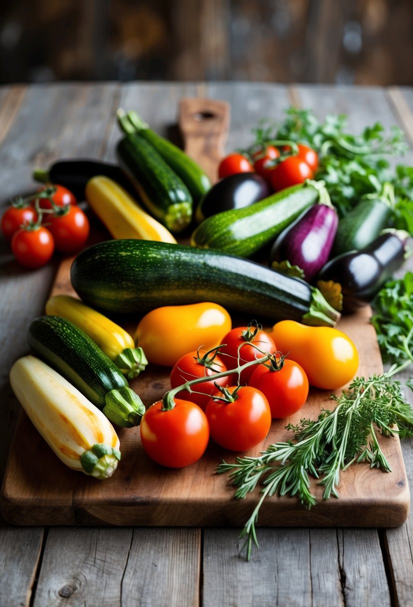 A colorful array of zucchini, eggplant, tomatoes, and herbs arranged on a rustic wooden cutting board