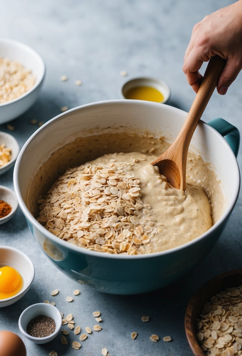 A bowl of oatmeal pancake batter being mixed in a large mixing bowl, with a variety of non-dairy and egg-free ingredients scattered around