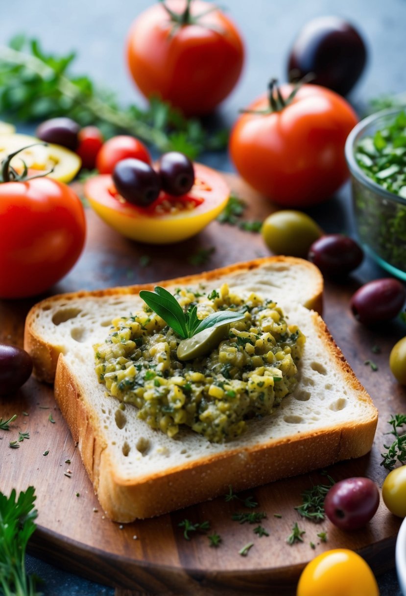 A slice of toasted bread topped with olive tapenade, surrounded by colorful Mediterranean ingredients like tomatoes, olives, and herbs