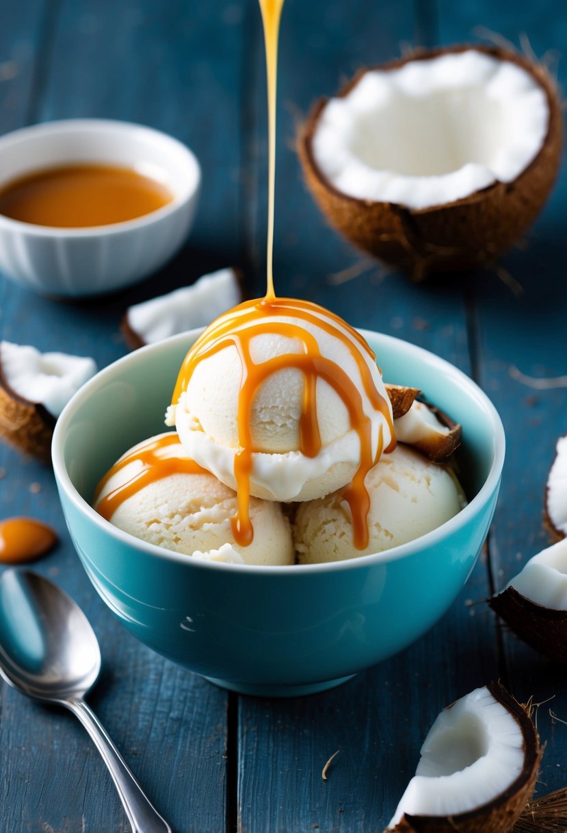 A bowl of coconut milk ice cream surrounded by fresh coconut pieces and a drizzle of caramel sauce