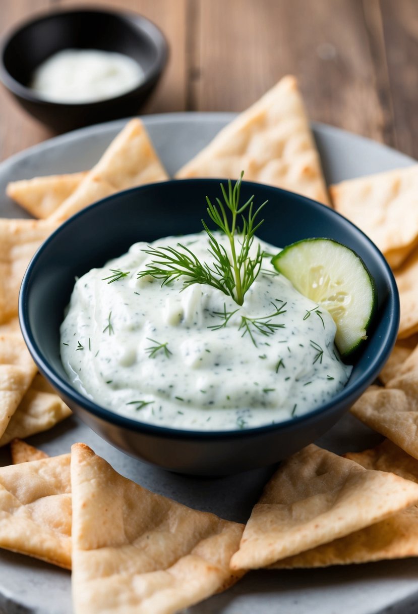 A small bowl of tzatziki surrounded by neatly arranged pita chips, garnished with a sprig of fresh dill and a slice of cucumber