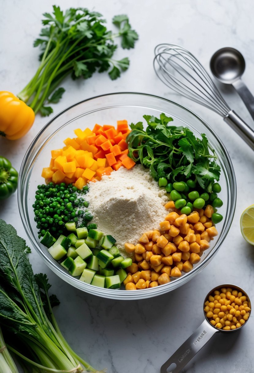 A colorful array of fresh vegetables and chickpea flour in a mixing bowl, with a whisk and measuring spoons nearby