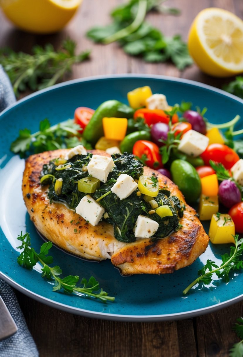 A plate with a juicy chicken breast stuffed with spinach and feta, surrounded by colorful Mediterranean vegetables and herbs