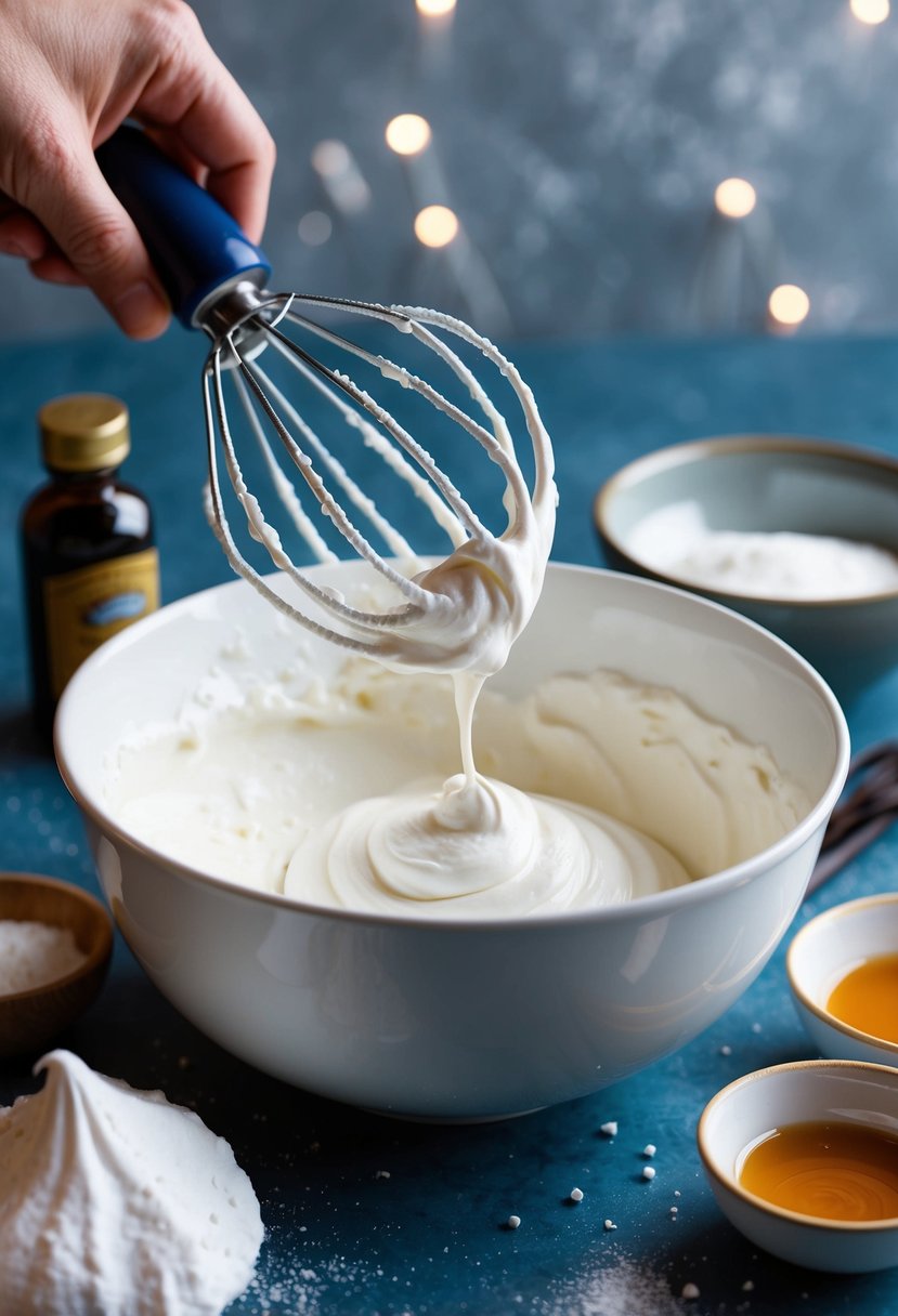 A bowl of aquafaba meringue mixture being whipped with a hand mixer, surrounded by ingredients like sugar and vanilla extract