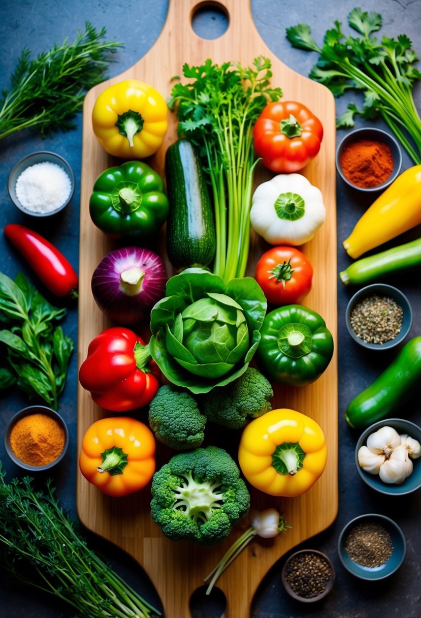 A colorful array of fresh vegetables arranged on a wooden cutting board, surrounded by herbs and spices