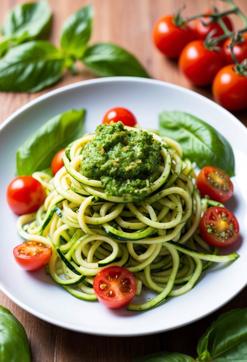 A plate of zucchini noodles topped with vibrant green pesto, surrounded by fresh basil leaves and cherry tomatoes