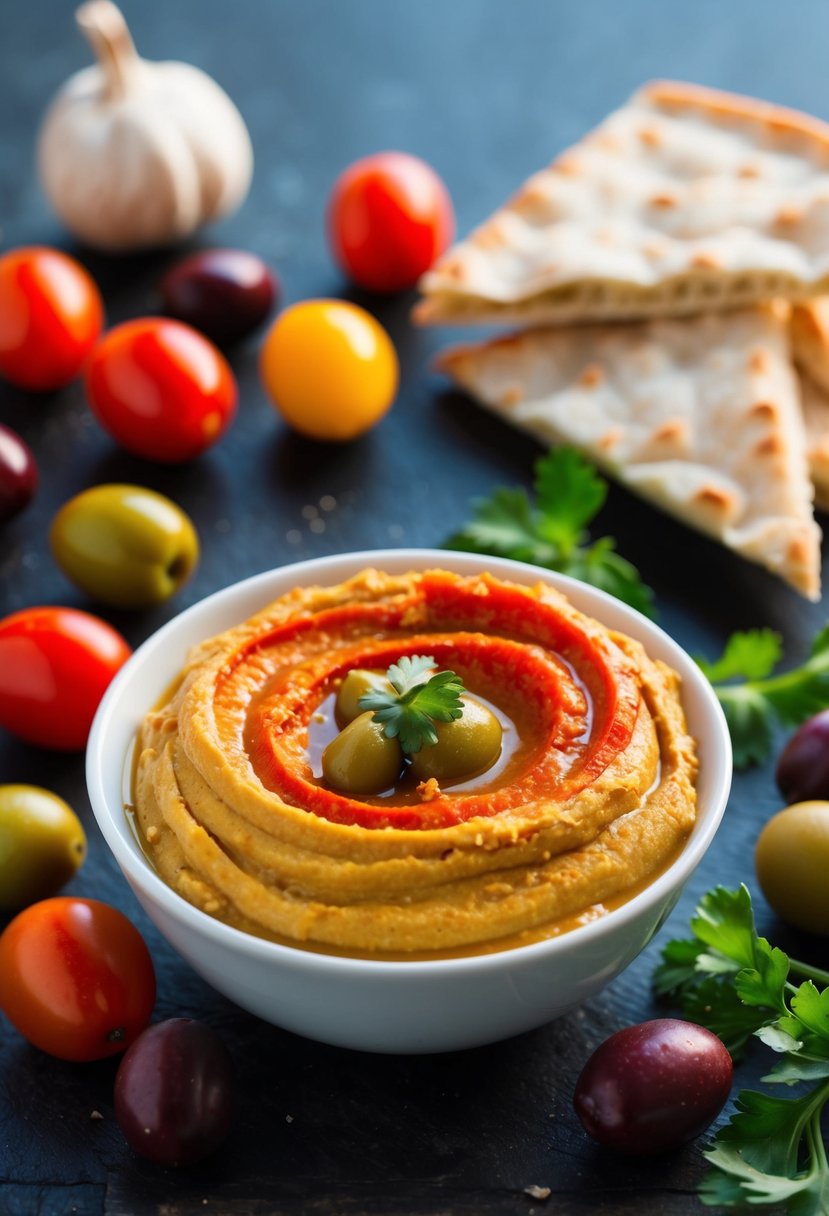 A small bowl of roasted red pepper hummus surrounded by colorful Mediterranean ingredients like olives, cherry tomatoes, and pita bread