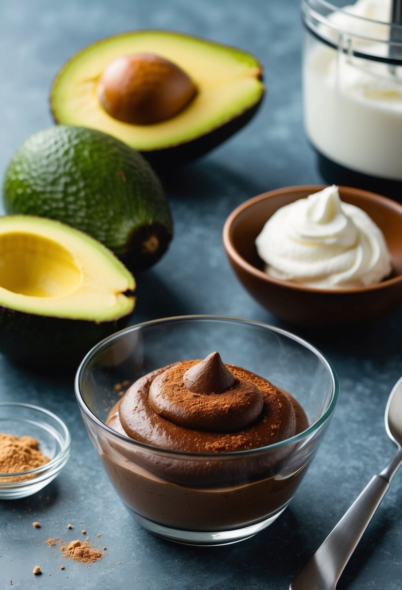 A bowl of ripe avocados, cocoa powder, and maple syrup next to a food processor. A finished chocolate mousse in a glass bowl with a dollop of coconut cream