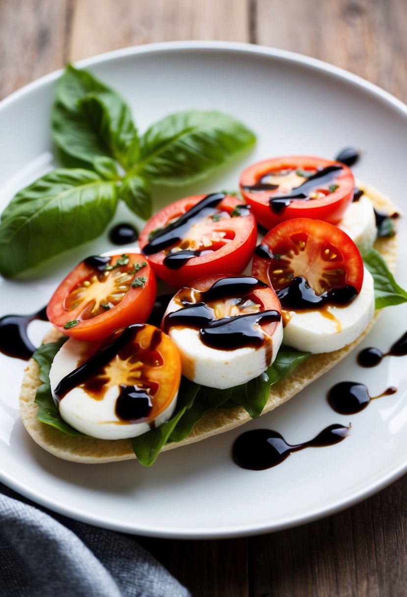 A single serving of Caprese Salad arranged on a white plate with fresh tomatoes, mozzarella cheese, basil leaves, drizzled with balsamic glaze