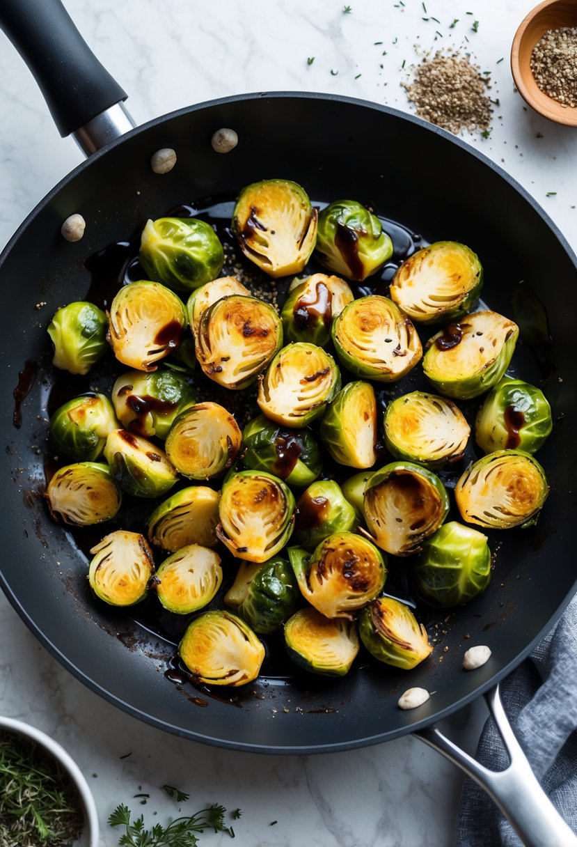 A sizzling pan of golden brown Brussels sprouts drizzled with a shiny balsamic glaze, surrounded by scattered herbs and spices