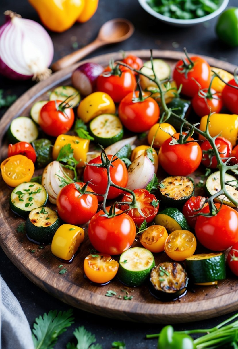 A colorful array of balsamic-roasted vegetables arranged on a rustic wooden platter, with cherry tomatoes, zucchini, bell peppers, and onions, sprinkled with fresh herbs