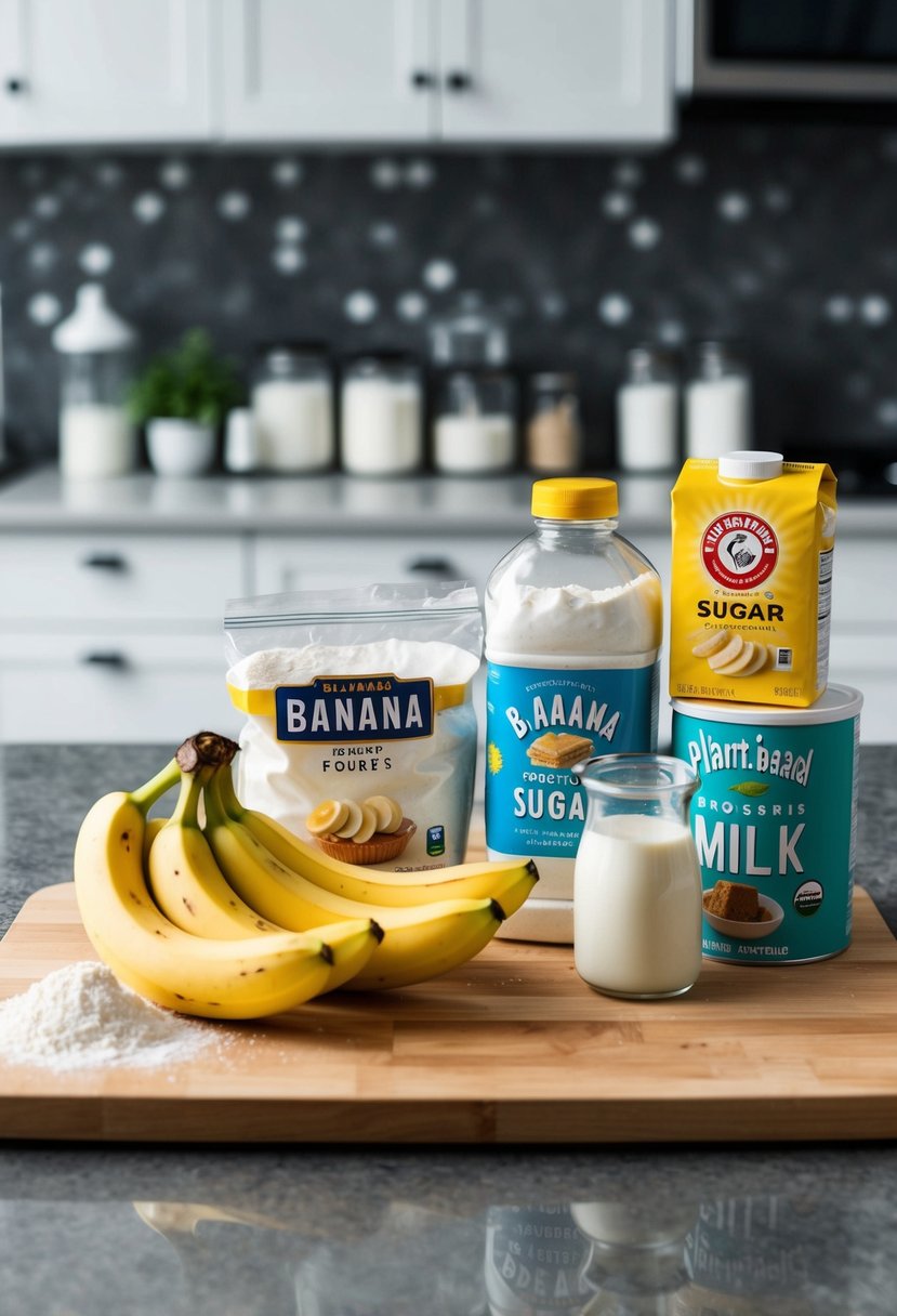 A kitchen counter with ingredients for banana bread: bananas, flour, sugar, baking powder, and plant-based milk and oil