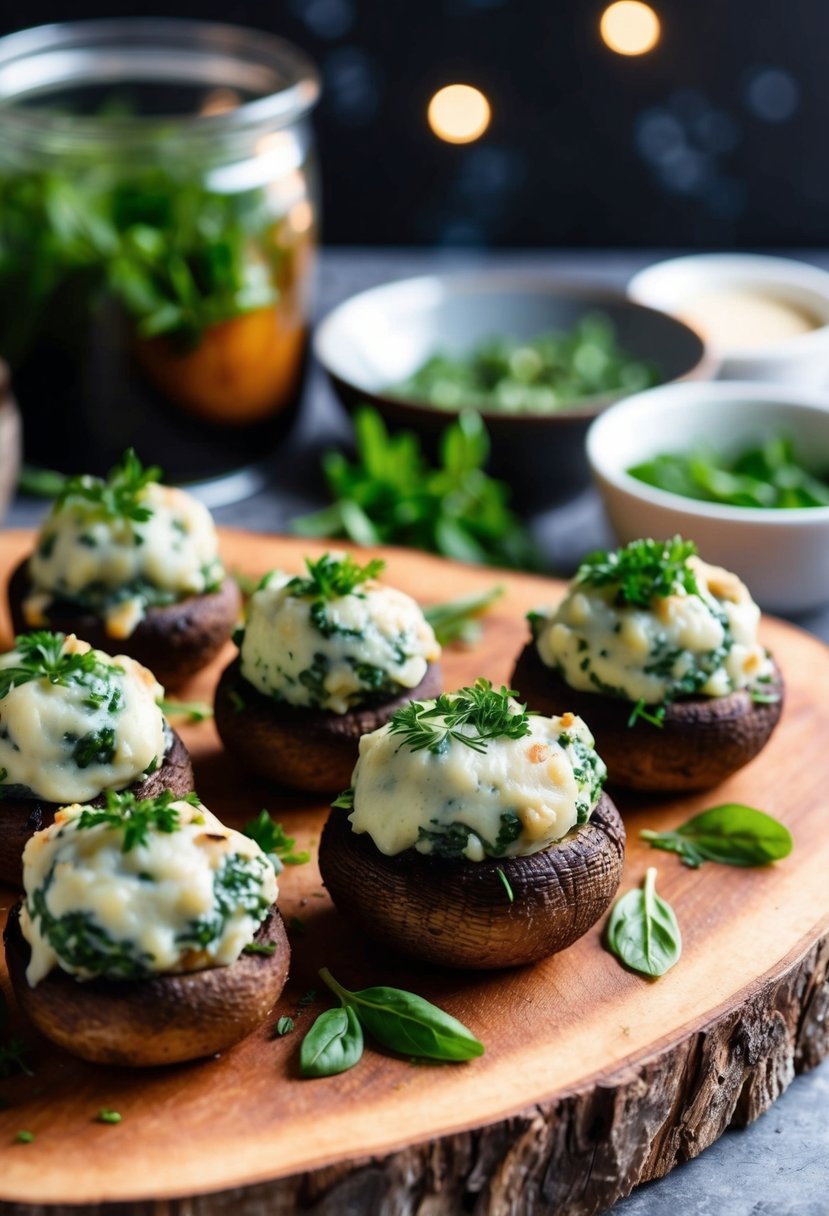 A platter of creamy spinach stuffed mushrooms, garnished with fresh herbs and served on a rustic wooden board