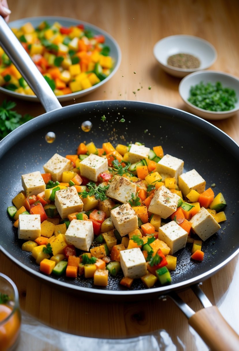 A colorful array of diced vegetables sizzling in a non-stick pan, with cubes of tofu being tossed and seasoned with herbs and spices