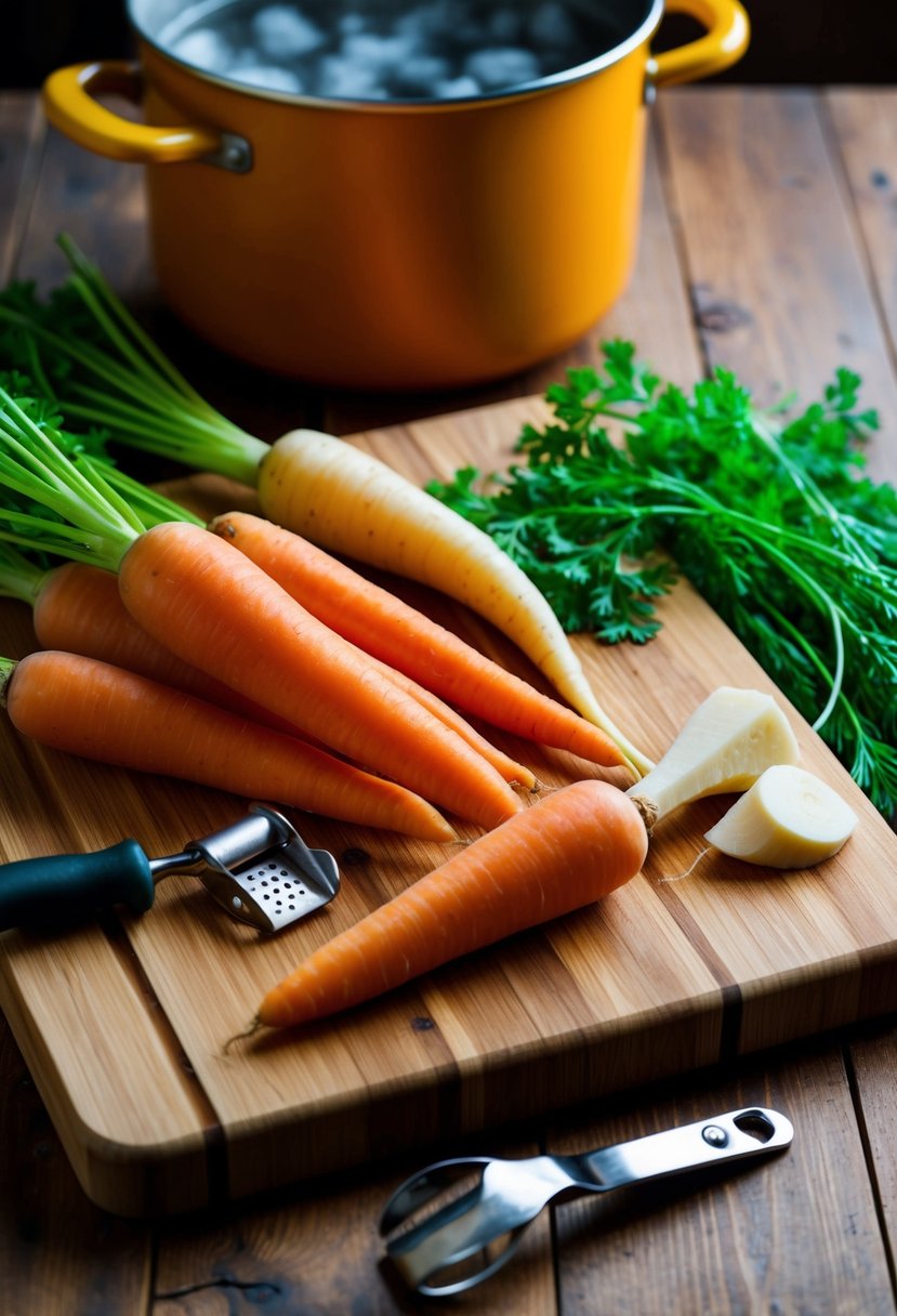 A wooden cutting board with fresh carrots and parsnips, a peeler, and a pot of boiling water