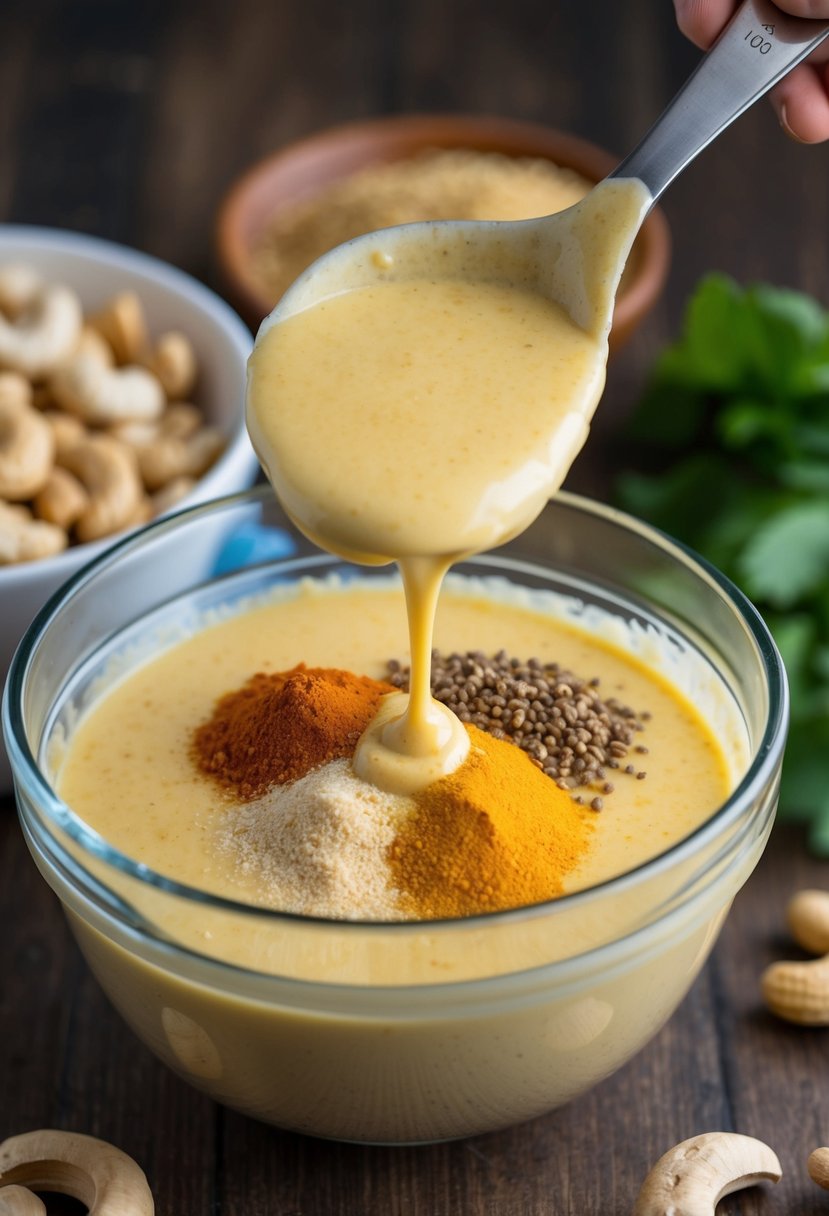 A bowl of cashews, nutritional yeast, and spices being blended into a creamy cheese sauce