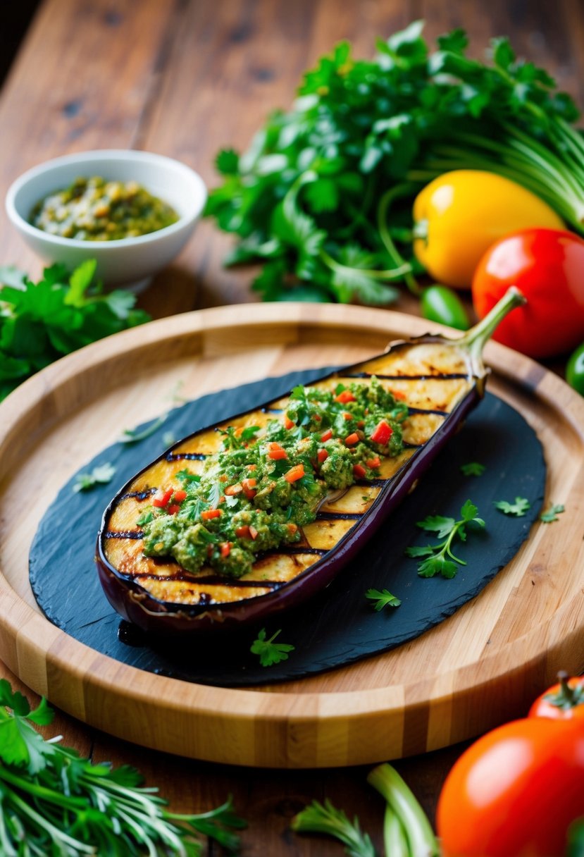 A platter of grilled eggplant topped with vibrant chimichurri sauce on a wooden table, surrounded by fresh herbs and colorful vegetables