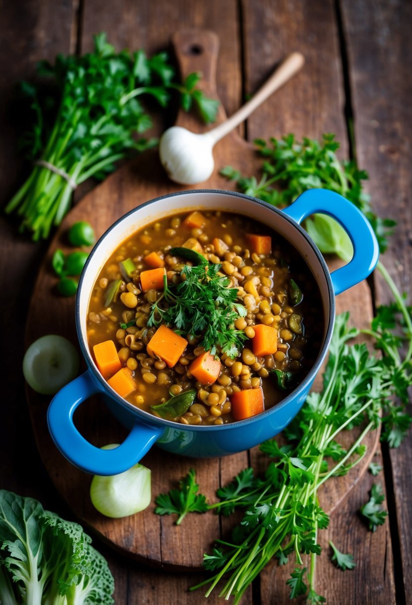 A simmering pot of lentil stew surrounded by fresh vegetables and herbs on a rustic wooden table