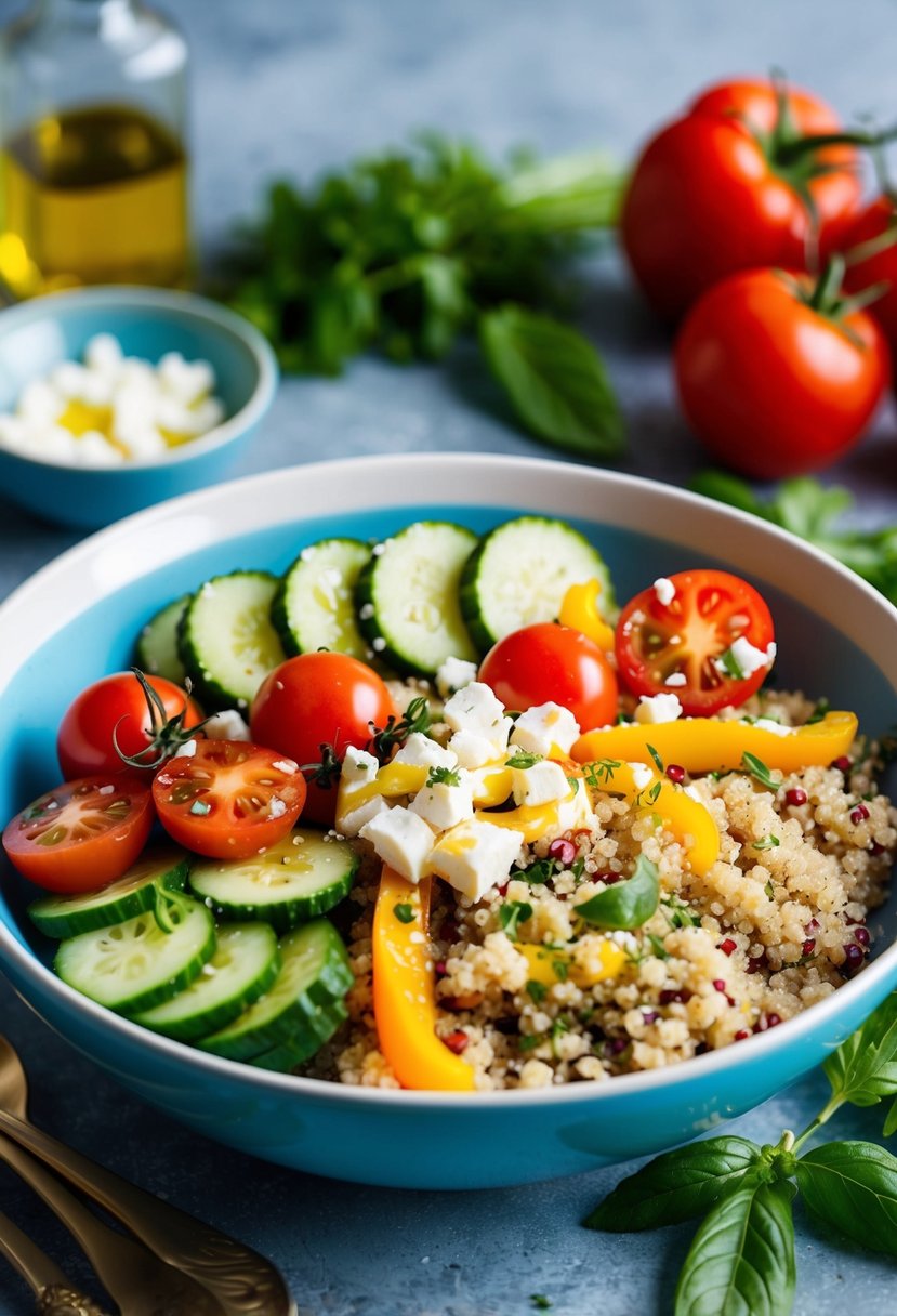 A colorful bowl filled with quinoa, cherry tomatoes, cucumbers, bell peppers, and feta cheese, drizzled with olive oil and sprinkled with fresh herbs