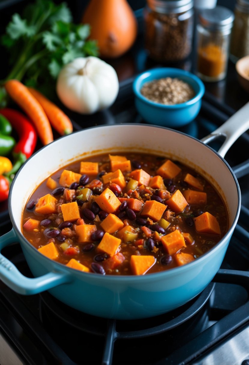 A bubbling pot of sweet potato and black bean chili simmers on a stovetop, surrounded by colorful vegetables and aromatic spices