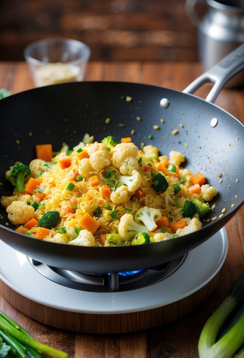 A sizzling wok stir-fries colorful cauliflower rice with assorted vegetables and savory seasonings