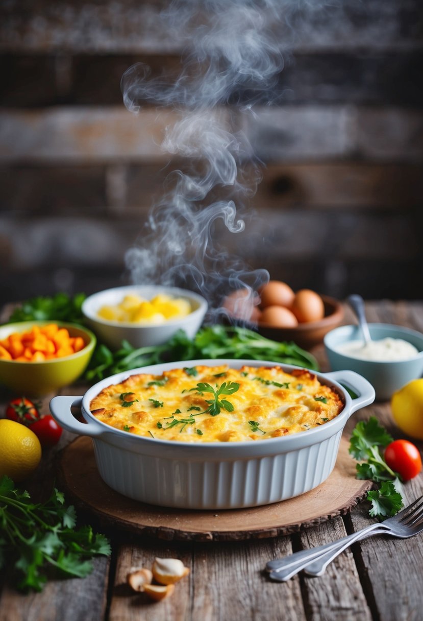 A steaming hot breakfast casserole surrounded by fresh ingredients on a rustic wooden table