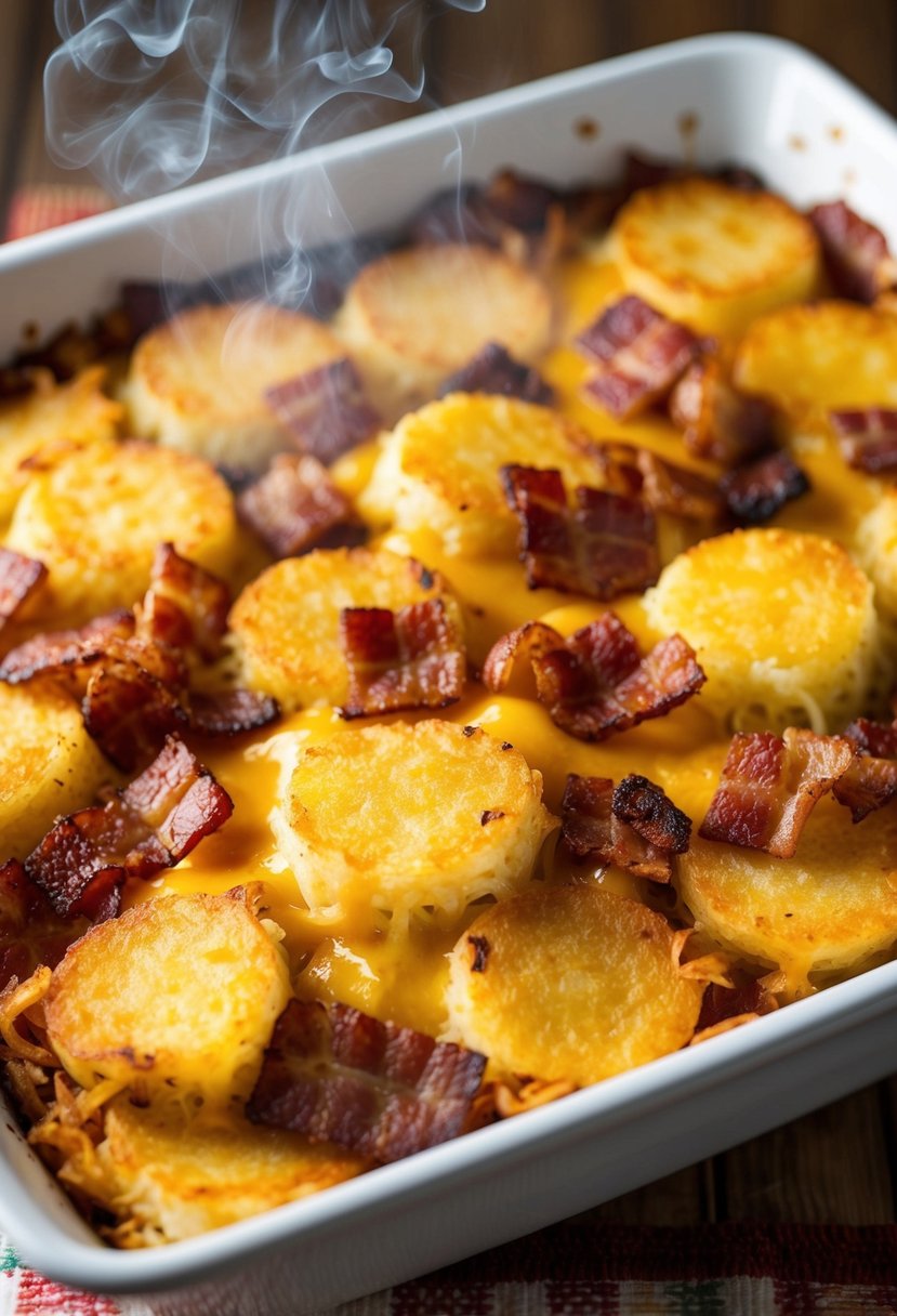 A sizzling casserole dish filled with golden hash browns, crispy bacon, and gooey melted cheese, emitting a mouthwatering aroma