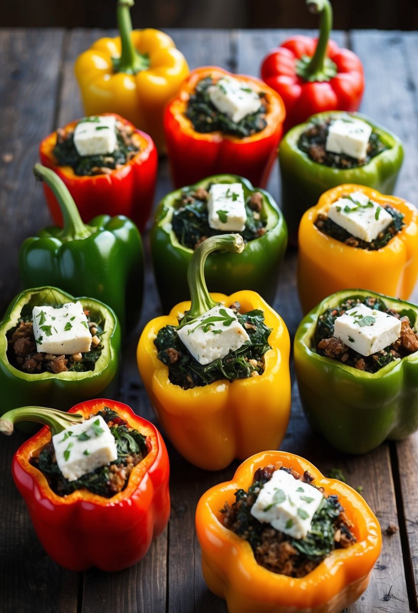 A colorful array of stuffed peppers, overflowing with spinach and feta, arranged on a rustic wooden table