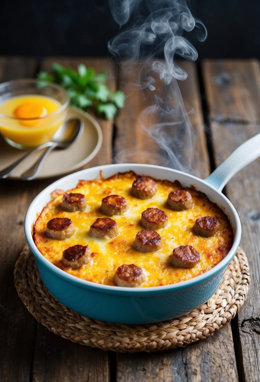 A sizzling breakfast casserole sits on a rustic wooden table, steam rising from the golden brown surface of the sausage and egg bake